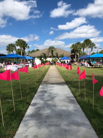Pink flags line the walk to the courts.